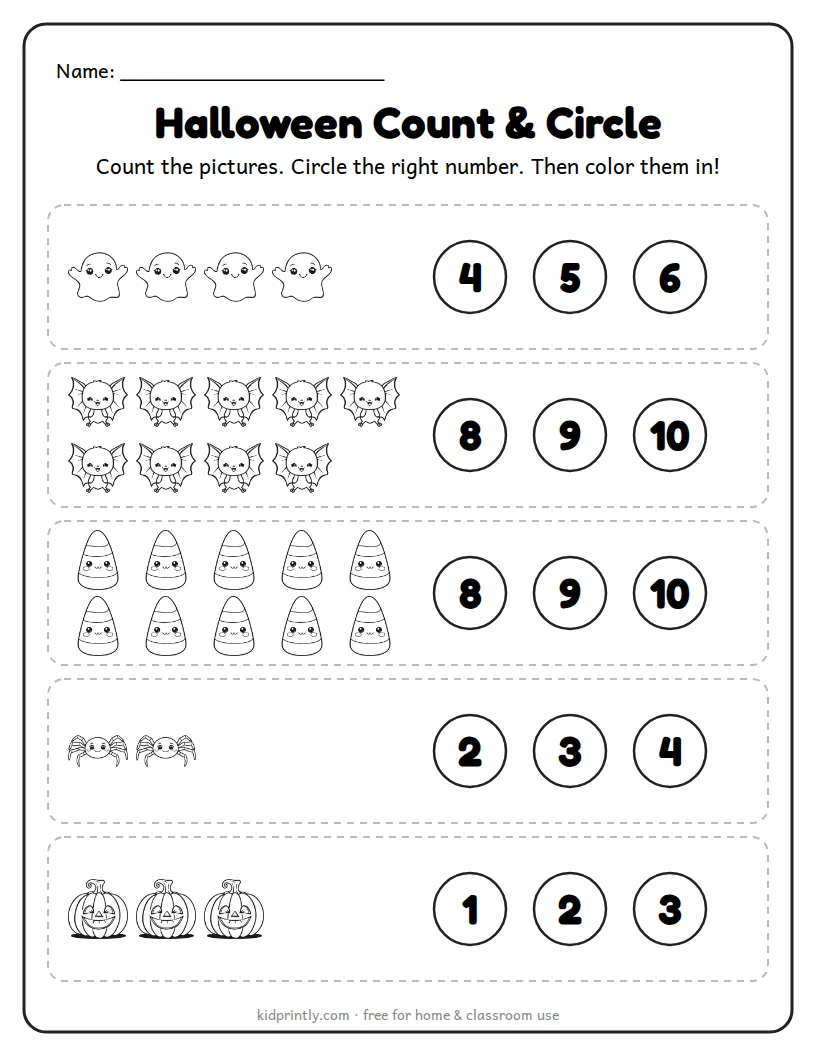 Halloween Count and Circle printable worksheet for kindergarten