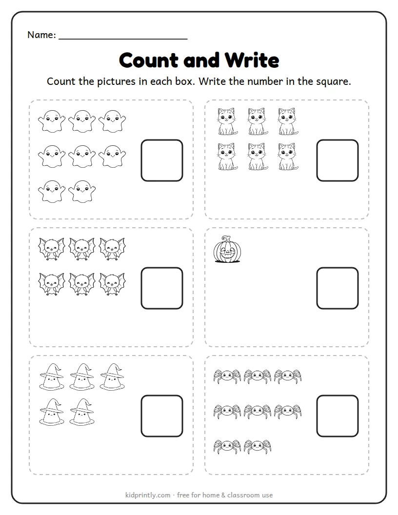 Halloween Count and Write printable worksheet for kindergarten