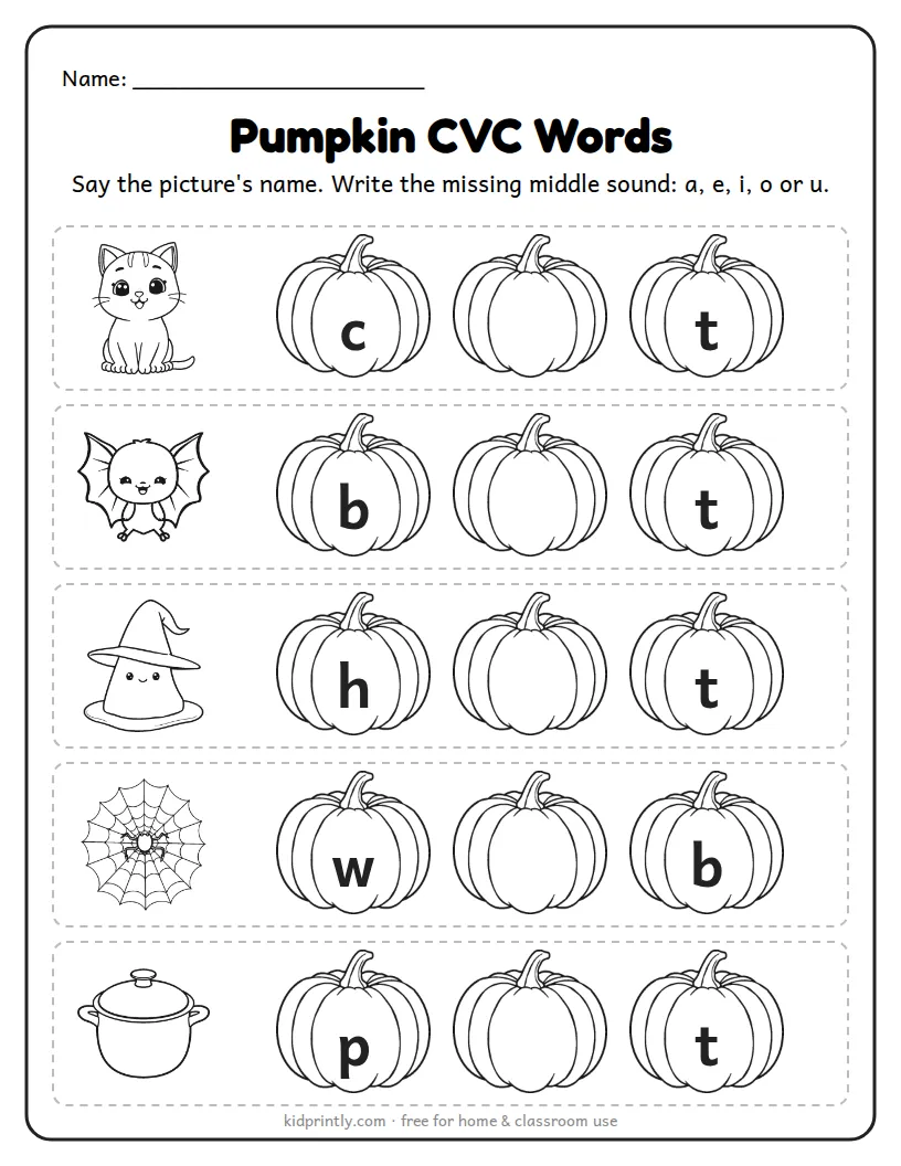 Pumpkin CVC Words printable worksheet for kindergarten