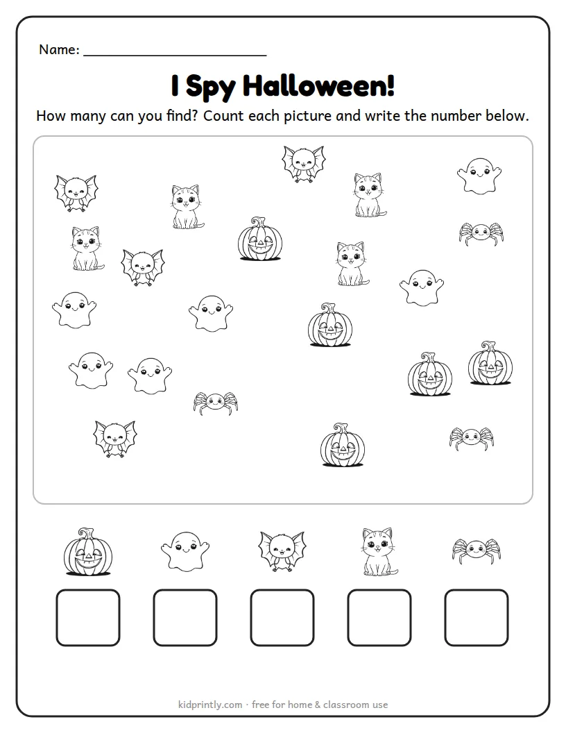 I Spy Halloween printable worksheet for kindergarten