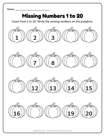 Missing Numbers 1 to 20 Pumpkins worksheet preview