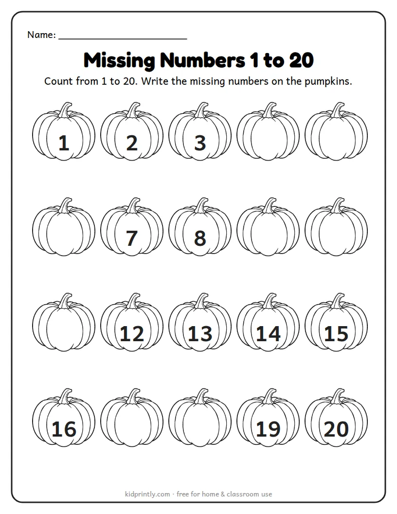 Missing Numbers 1 to 20 Pumpkins printable worksheet for kindergarten