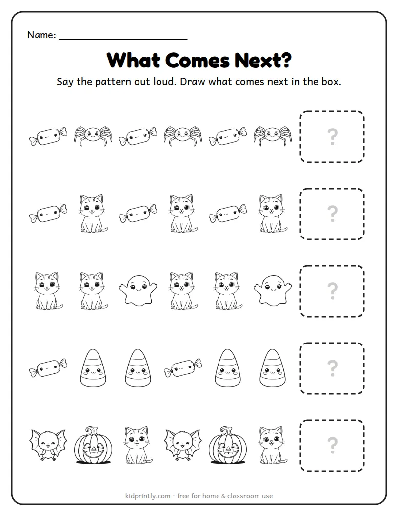 Halloween Patterns: What Comes Next printable worksheet for kindergarten