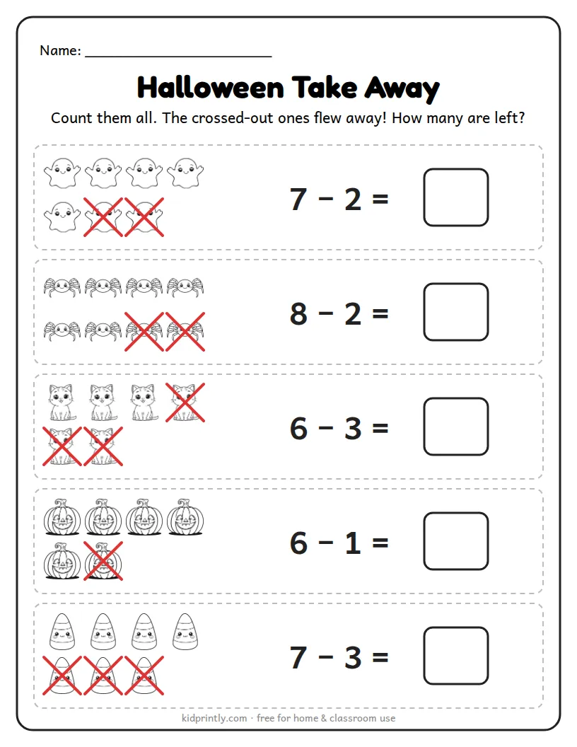 Halloween Take Away printable worksheet for kindergarten