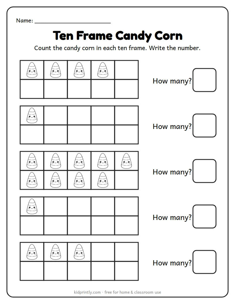 Ten Frame Candy Corn printable worksheet for kindergarten