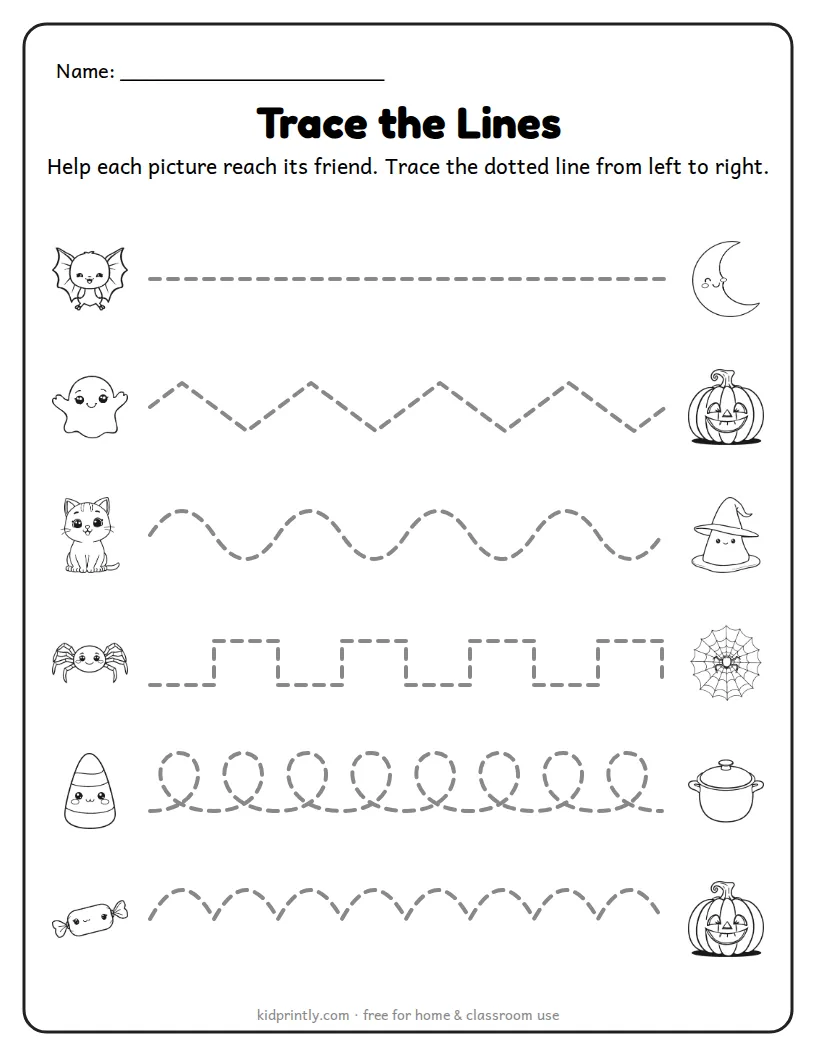 Halloween Trace the Lines printable worksheet for kindergarten