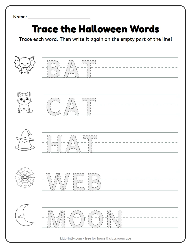 Trace the Halloween Words printable worksheet for kindergarten