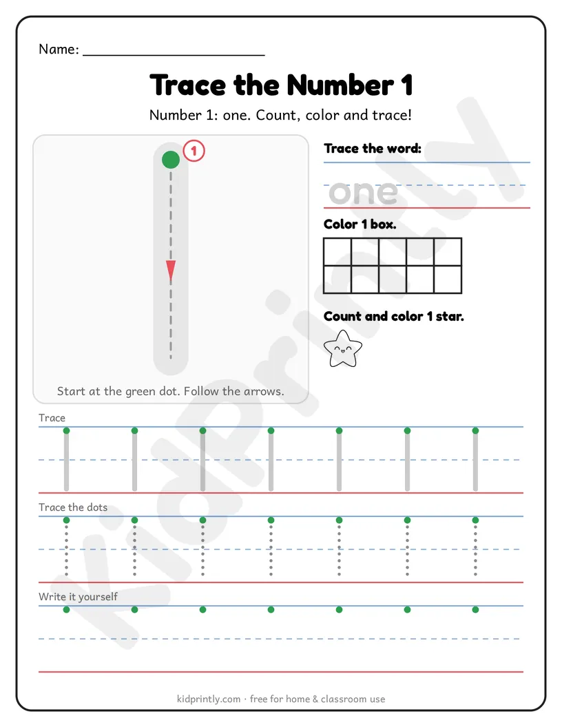Number 1 Tracing Worksheet printable worksheet, numbers 0-10 · prek-k