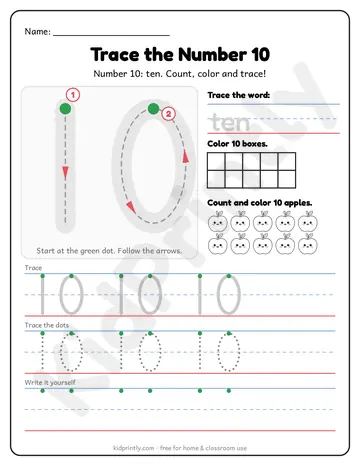 Number 10 Tracing Worksheet, numbers 0-10 · prek-k, writing 10