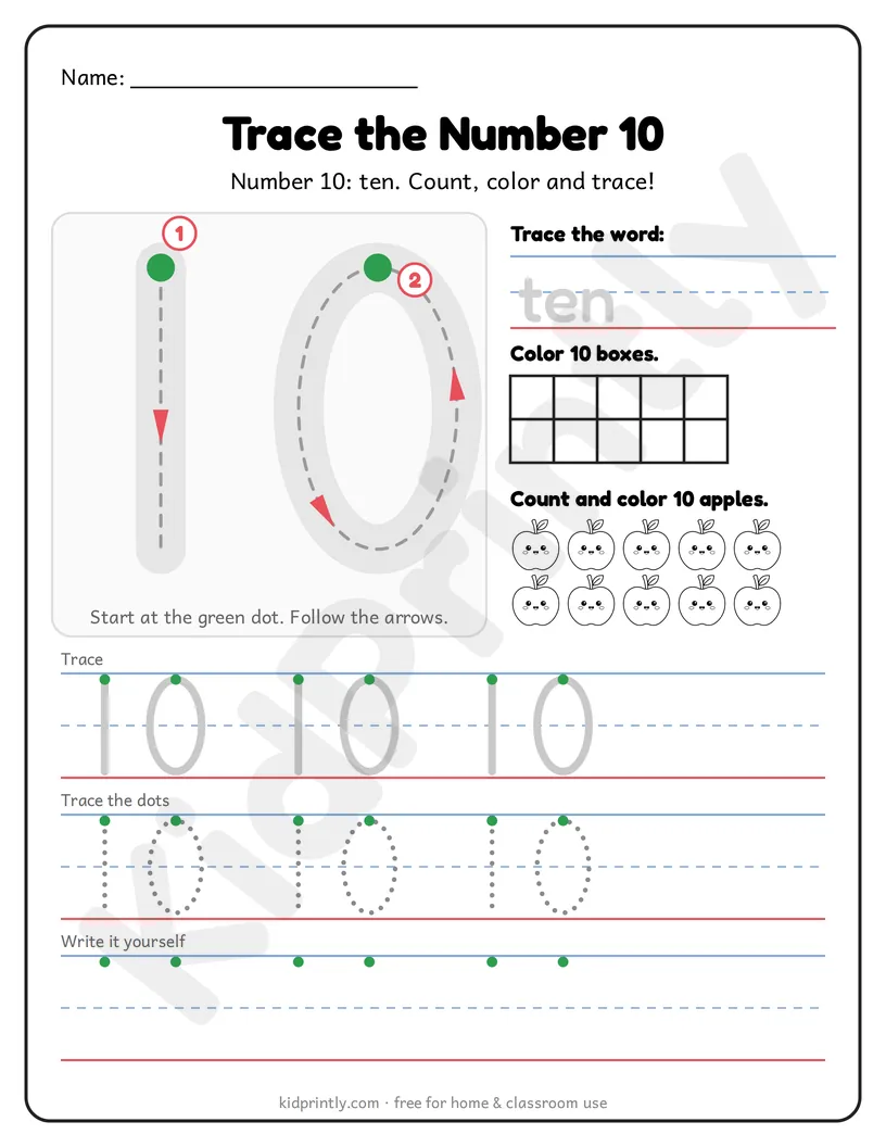 Number 10 Tracing Worksheet printable worksheet, numbers 0-10 · prek-k