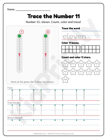 Number 11 Tracing Worksheet, numbers 11-20 · kindergarten, writing 11