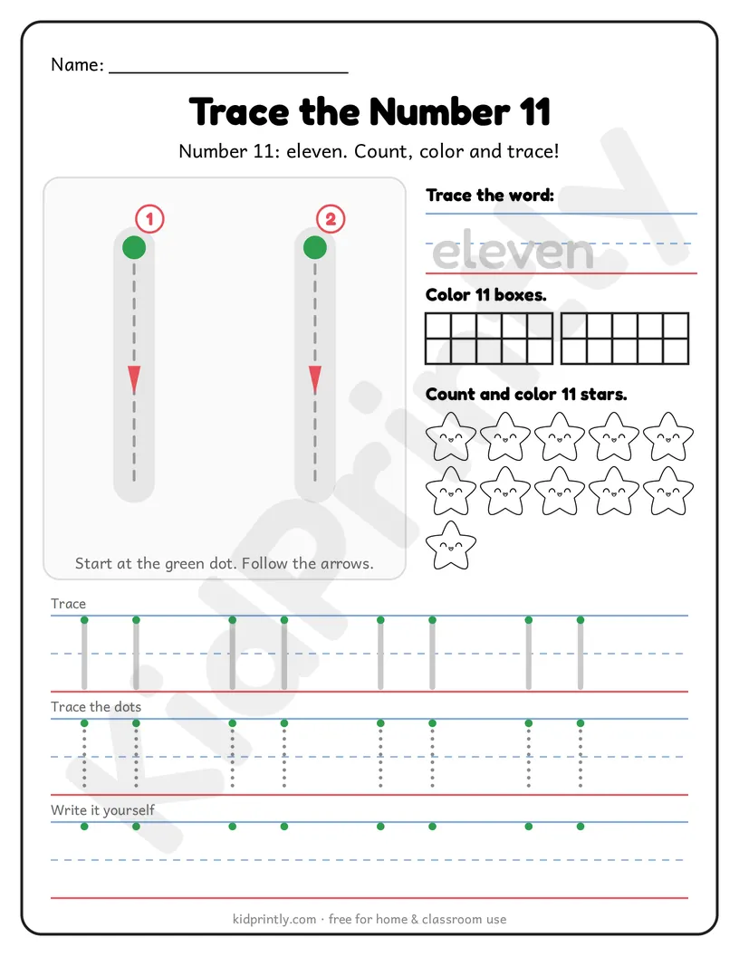 Number 11 Tracing Worksheet printable worksheet, numbers 11-20 · kindergarten