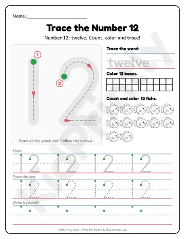 Number 12 Tracing Worksheet, numbers 11-20 · kindergarten, writing 12