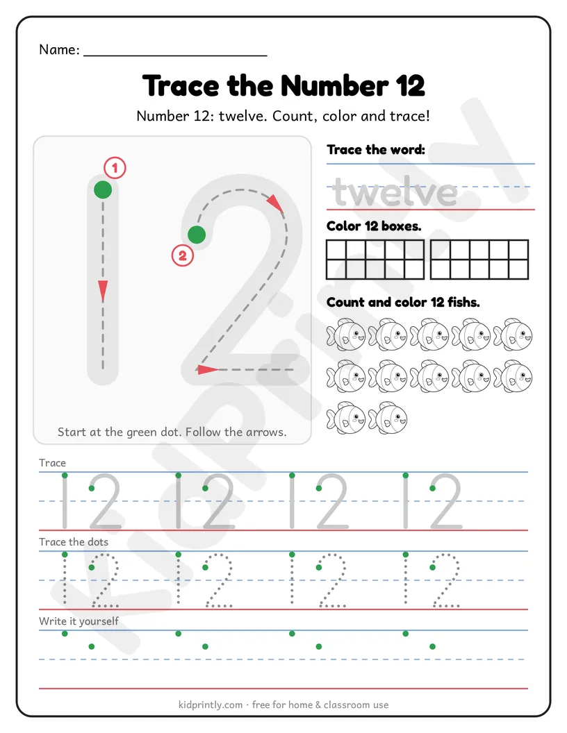 Number 12 Tracing Worksheet printable worksheet, numbers 11-20 · kindergarten