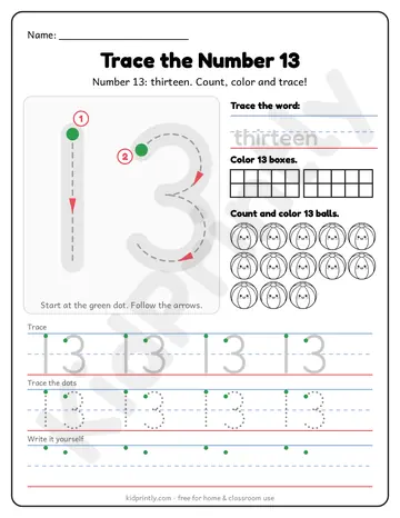 Number 13 Tracing Worksheet, numbers 11-20 · kindergarten, writing 13