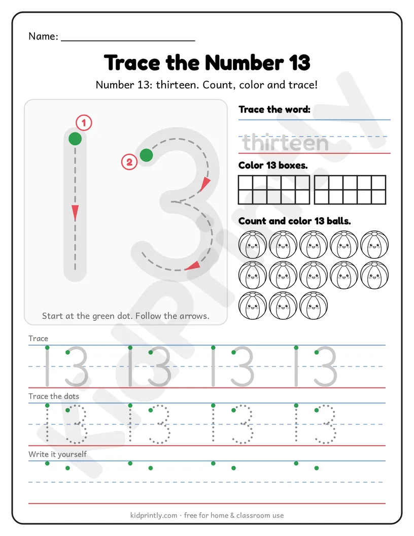 Number 13 Tracing Worksheet printable worksheet, numbers 11-20 · kindergarten