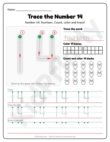 Number 14 Tracing Worksheet, numbers 11-20 · kindergarten, writing 14