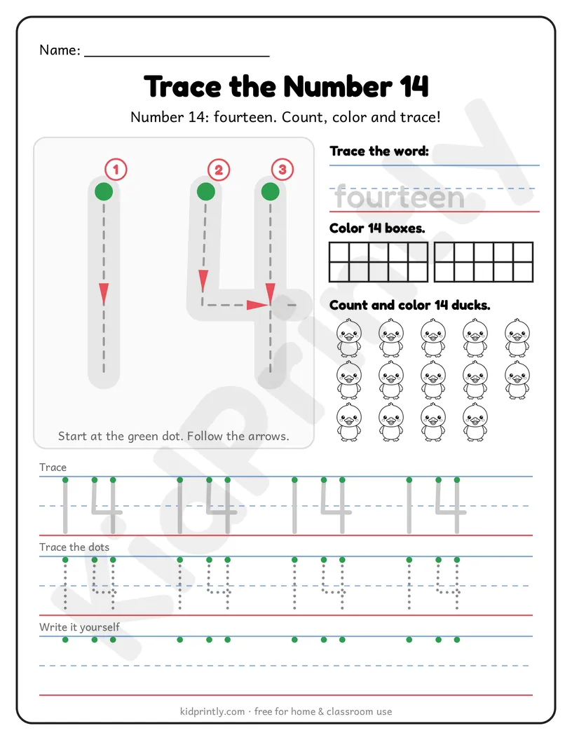 Number 14 Tracing Worksheet printable worksheet, numbers 11-20 · kindergarten