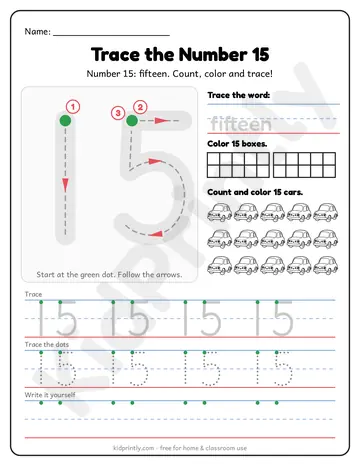 Number 15 Tracing Worksheet, numbers 11-20 · kindergarten, writing 15