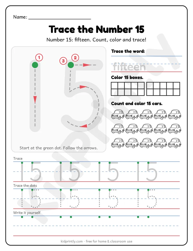 Number 15 Tracing Worksheet printable worksheet, numbers 11-20 · kindergarten