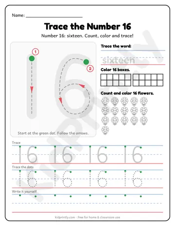 Number 16 Tracing Worksheet, numbers 11-20 · kindergarten, writing 16