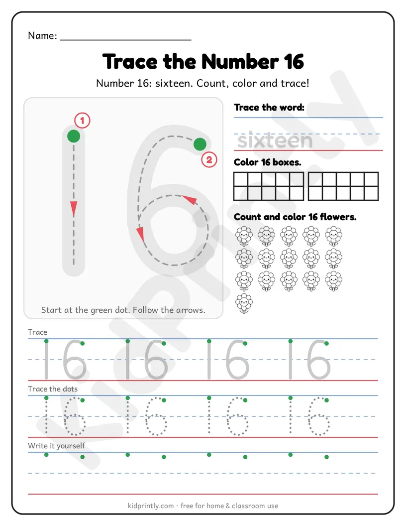 Number 16 Tracing Worksheet printable worksheet, numbers 11-20 · kindergarten
