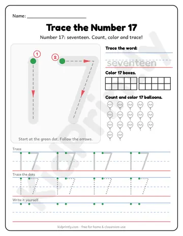 Number 17 Tracing Worksheet, numbers 11-20 · kindergarten, writing 17