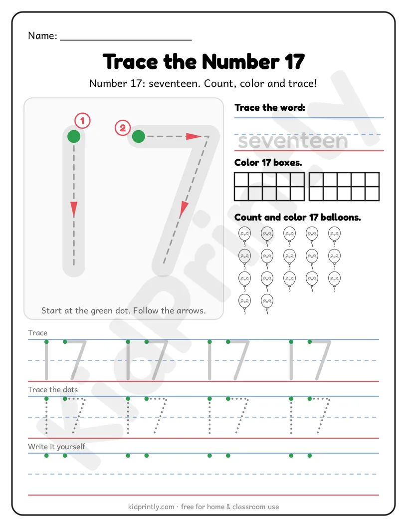 Number 17 Tracing Worksheet printable worksheet, numbers 11-20 · kindergarten