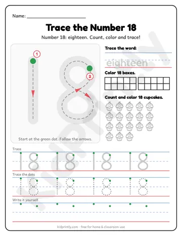 Number 18 Tracing Worksheet, numbers 11-20 · kindergarten, writing 18