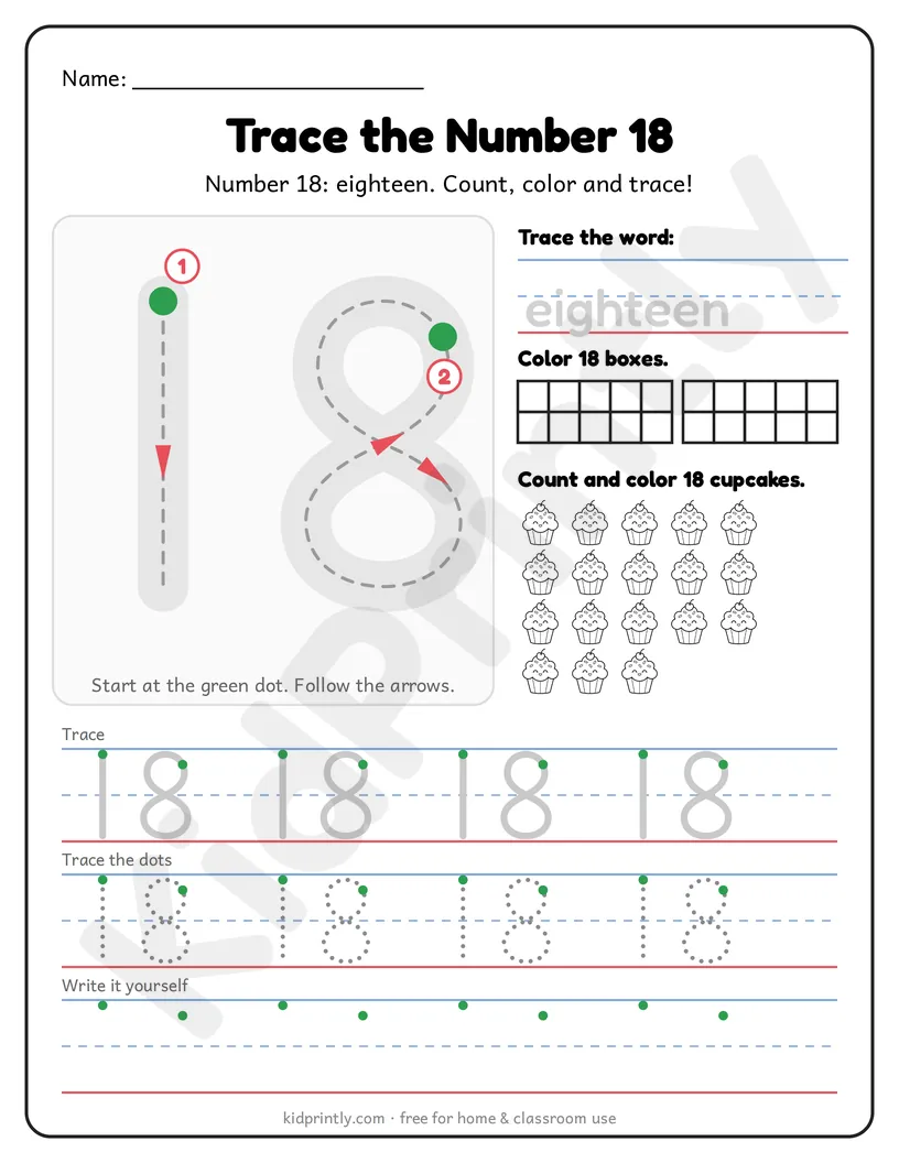 Number 18 Tracing Worksheet printable worksheet, numbers 11-20 · kindergarten