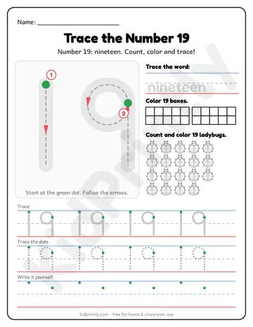 Number 19 Tracing Worksheet, numbers 11-20 · kindergarten, writing 19