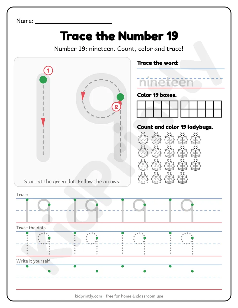Number 19 Tracing Worksheet printable worksheet, numbers 11-20 · kindergarten
