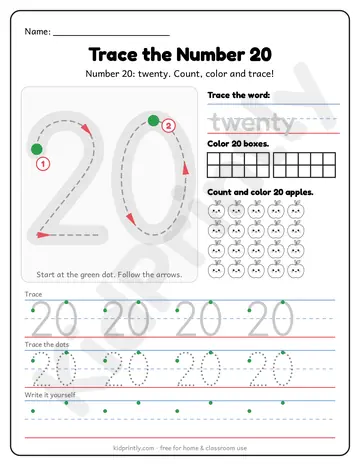 Number 20 Tracing Worksheet, numbers 11-20 · kindergarten, writing 20