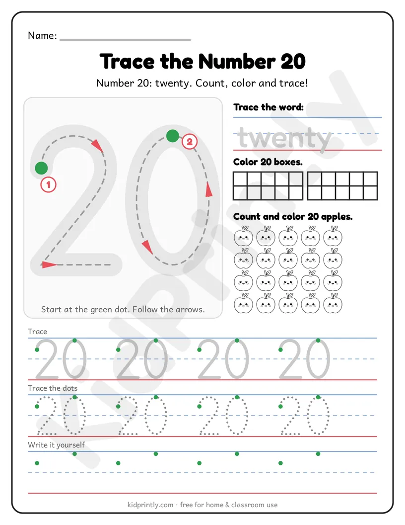 Number 20 Tracing Worksheet printable worksheet, numbers 11-20 · kindergarten