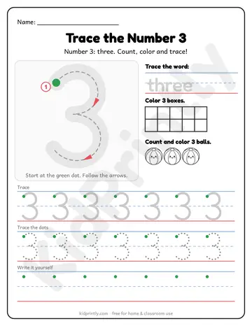 Number 3 Tracing Worksheet, numbers 0-10 · prek-k, writing 3