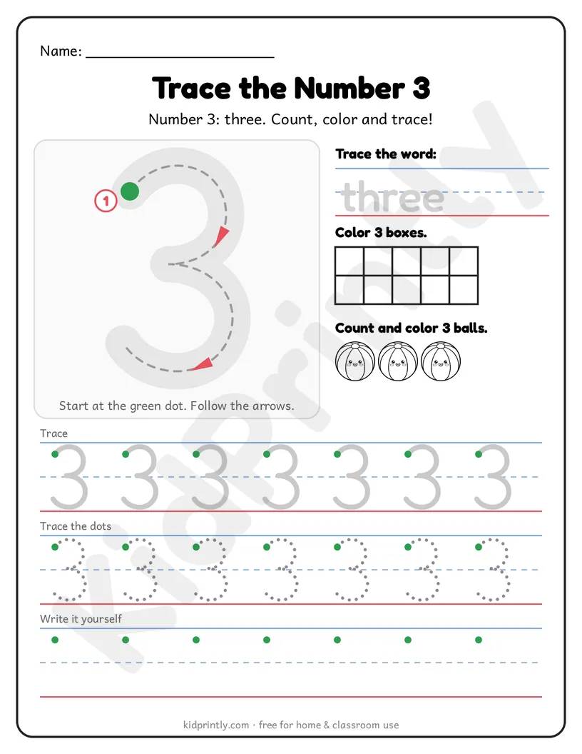 Number 3 Tracing Worksheet printable worksheet, numbers 0-10 · prek-k