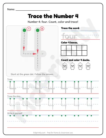 Number 4 Tracing Worksheet, numbers 0-10 · prek-k, writing 4