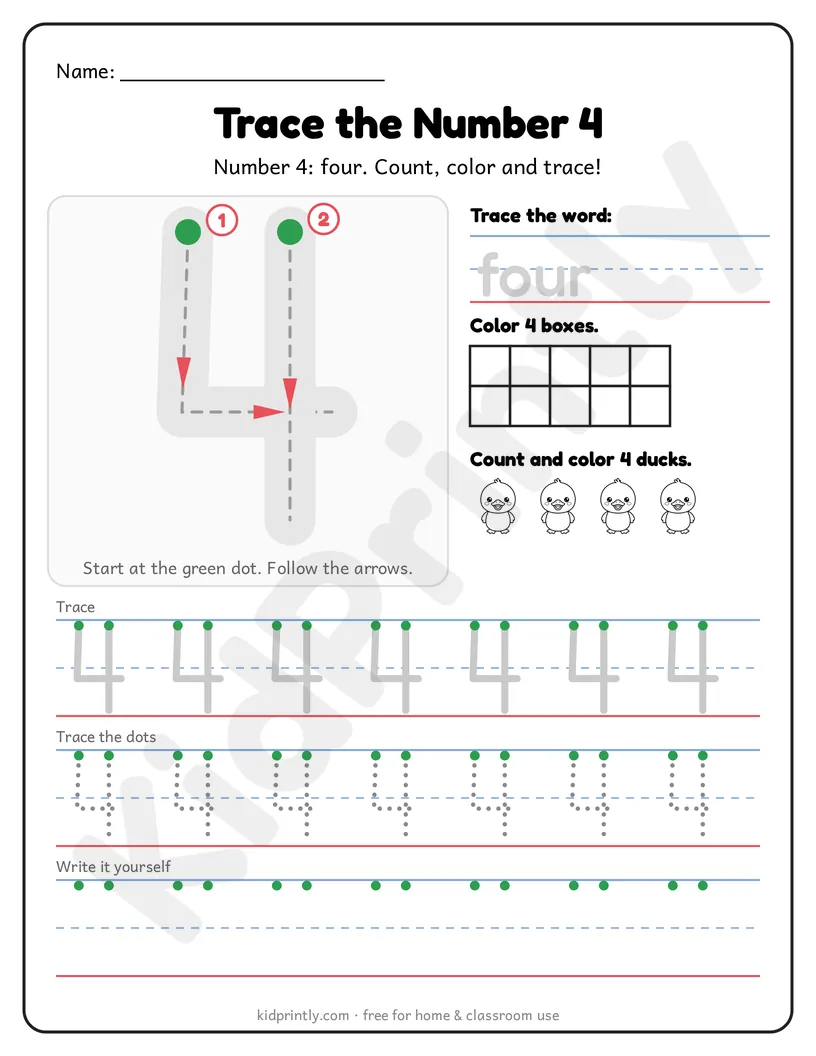 Number 4 Tracing Worksheet printable worksheet, numbers 0-10 · prek-k