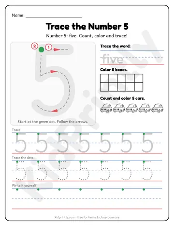 Number 5 Tracing Worksheet, numbers 0-10 · prek-k, writing 5