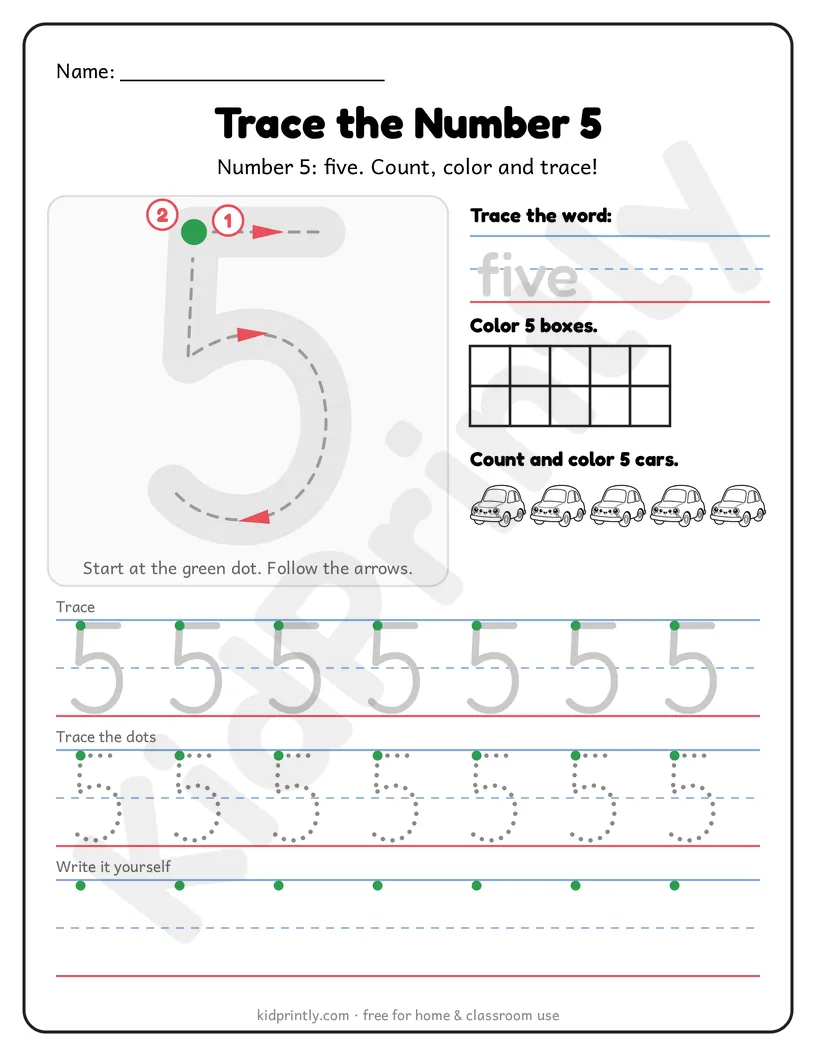 Number 5 Tracing Worksheet printable worksheet, numbers 0-10 · prek-k