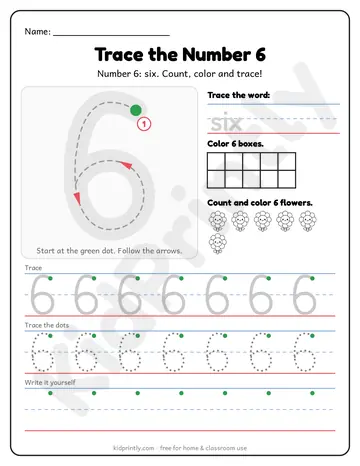 Number 6 Tracing Worksheet, numbers 0-10 · prek-k, writing 6