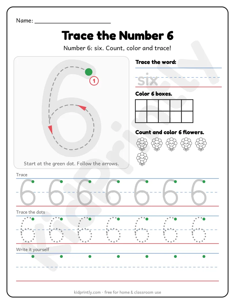 Number 6 Tracing Worksheet printable worksheet, numbers 0-10 · prek-k