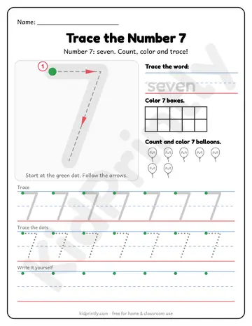 Number 7 Tracing Worksheet, numbers 0-10 · prek-k, writing 7