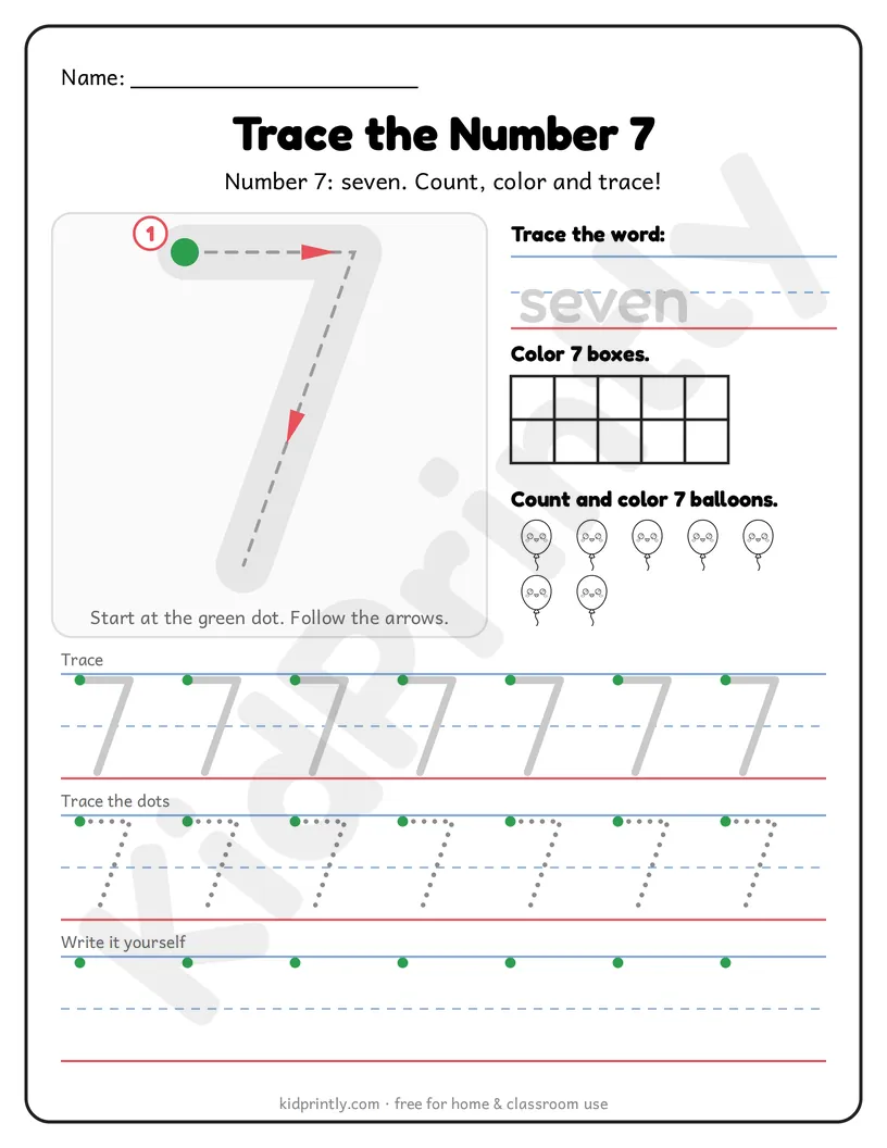 Number 7 Tracing Worksheet printable worksheet, numbers 0-10 · prek-k