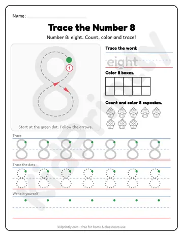 Number 8 Tracing Worksheet, numbers 0-10 · prek-k, writing 8