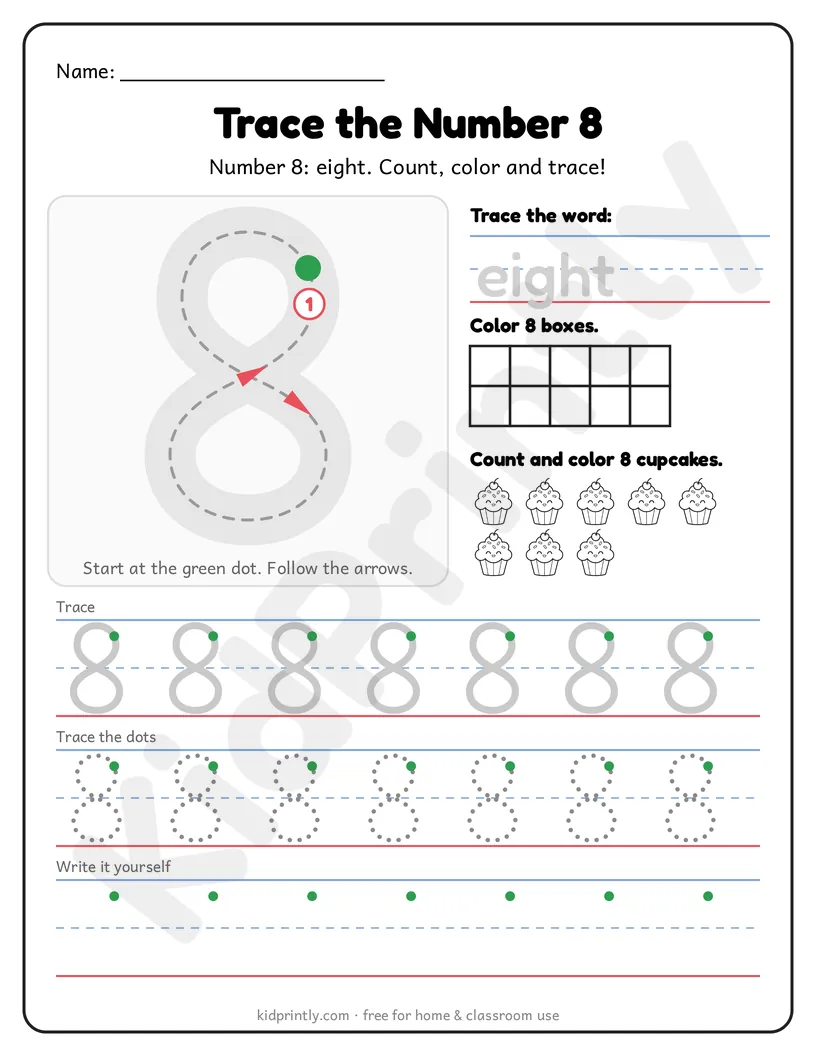 Number 8 Tracing Worksheet printable worksheet, numbers 0-10 · prek-k