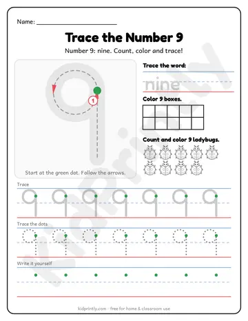 Number 9 Tracing Worksheet, numbers 0-10 · prek-k, writing 9