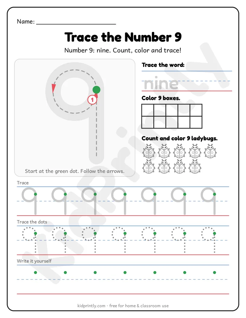 Number 9 Tracing Worksheet printable worksheet, numbers 0-10 · prek-k
