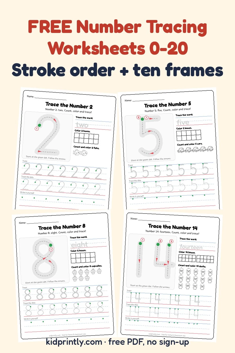 Number Tracing Worksheets 0-20: preview of four sheets
