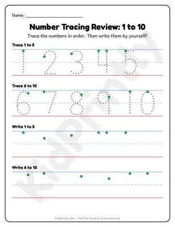 Number Tracing Review 1-10, review · prek-k, writing 1-10